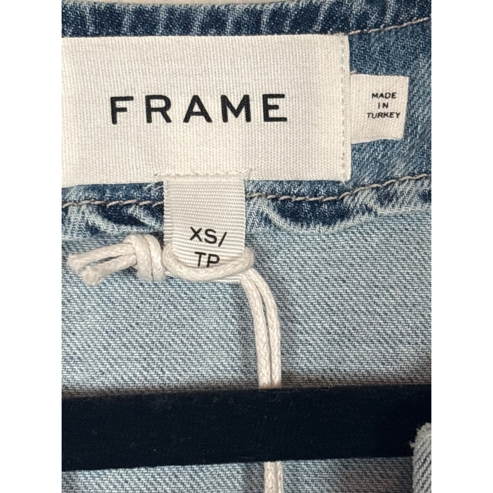 FRAME Breezy Denim Mini Dress Light Wash Blue Cotton V-Neck Belted XS KMDR029 - Picture 3 of 7